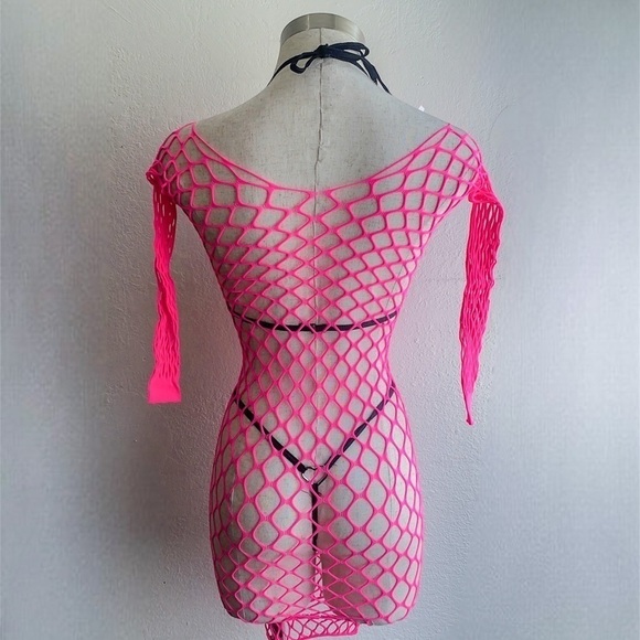 NEON  pink fishnet long sleeve cover up - Picture 3 of 4